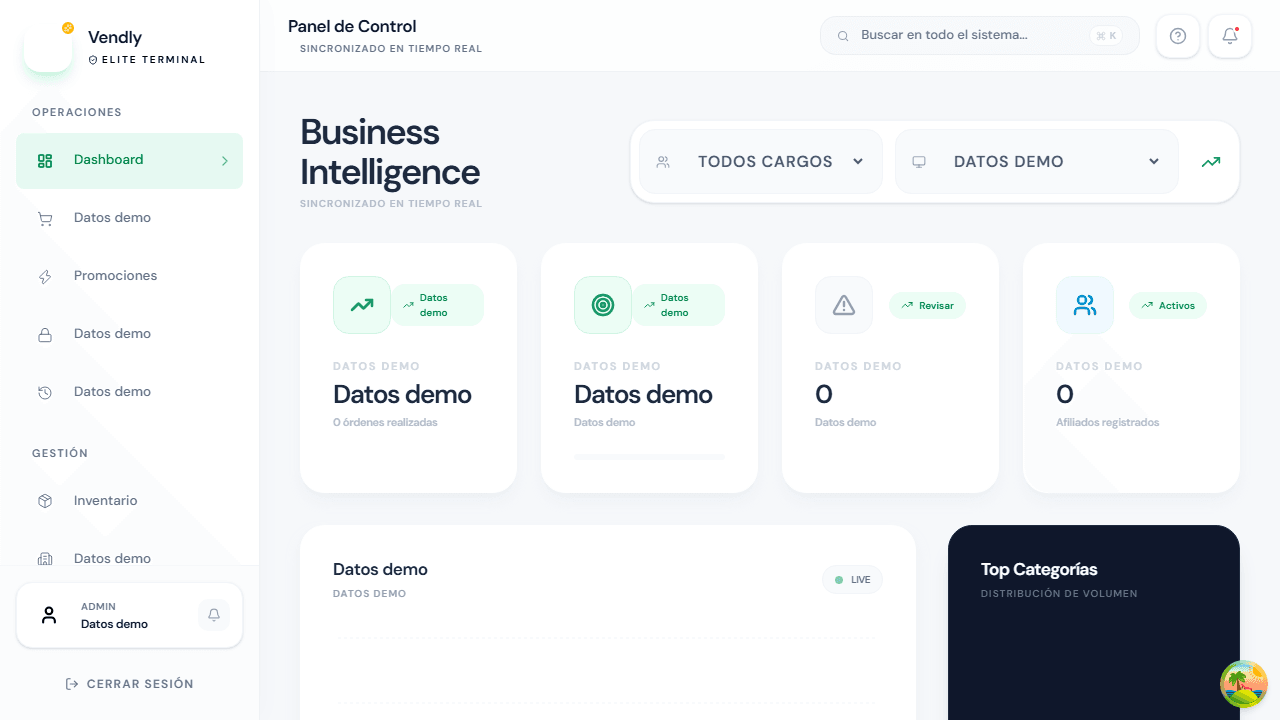 Dashboard real de Vendly POS con datos demo redactados