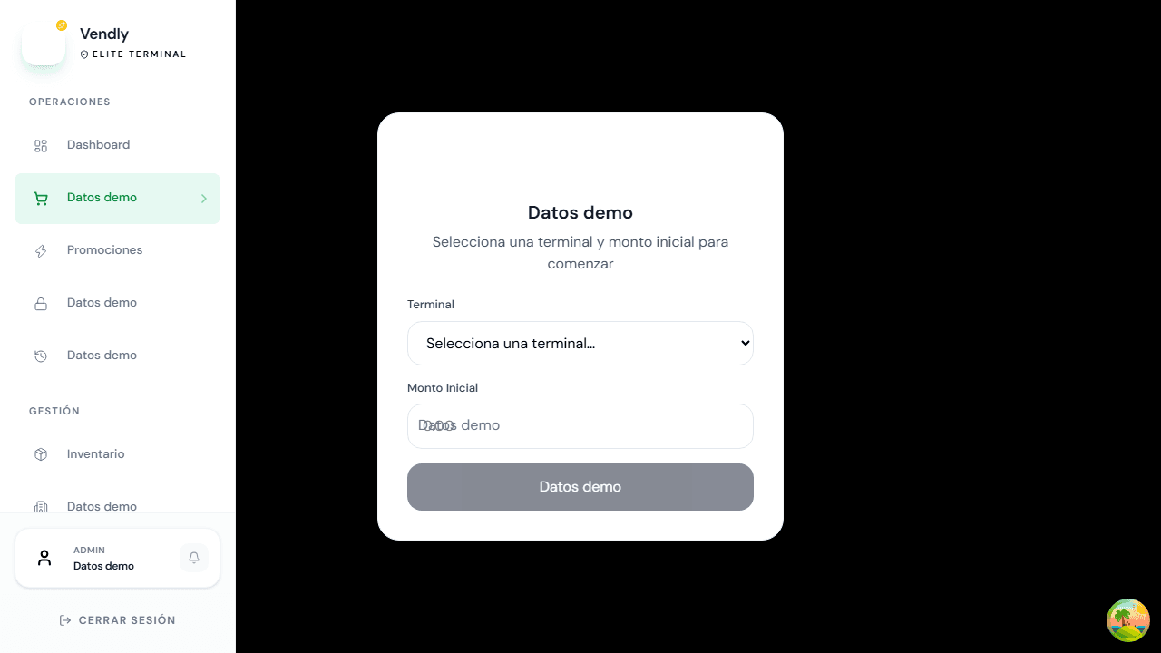 Pantalla de apertura de caja de Vendly POS con datos demo redactados