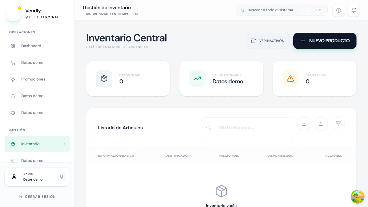 Gestión de inventario de Vendly POS con datos demo redactados