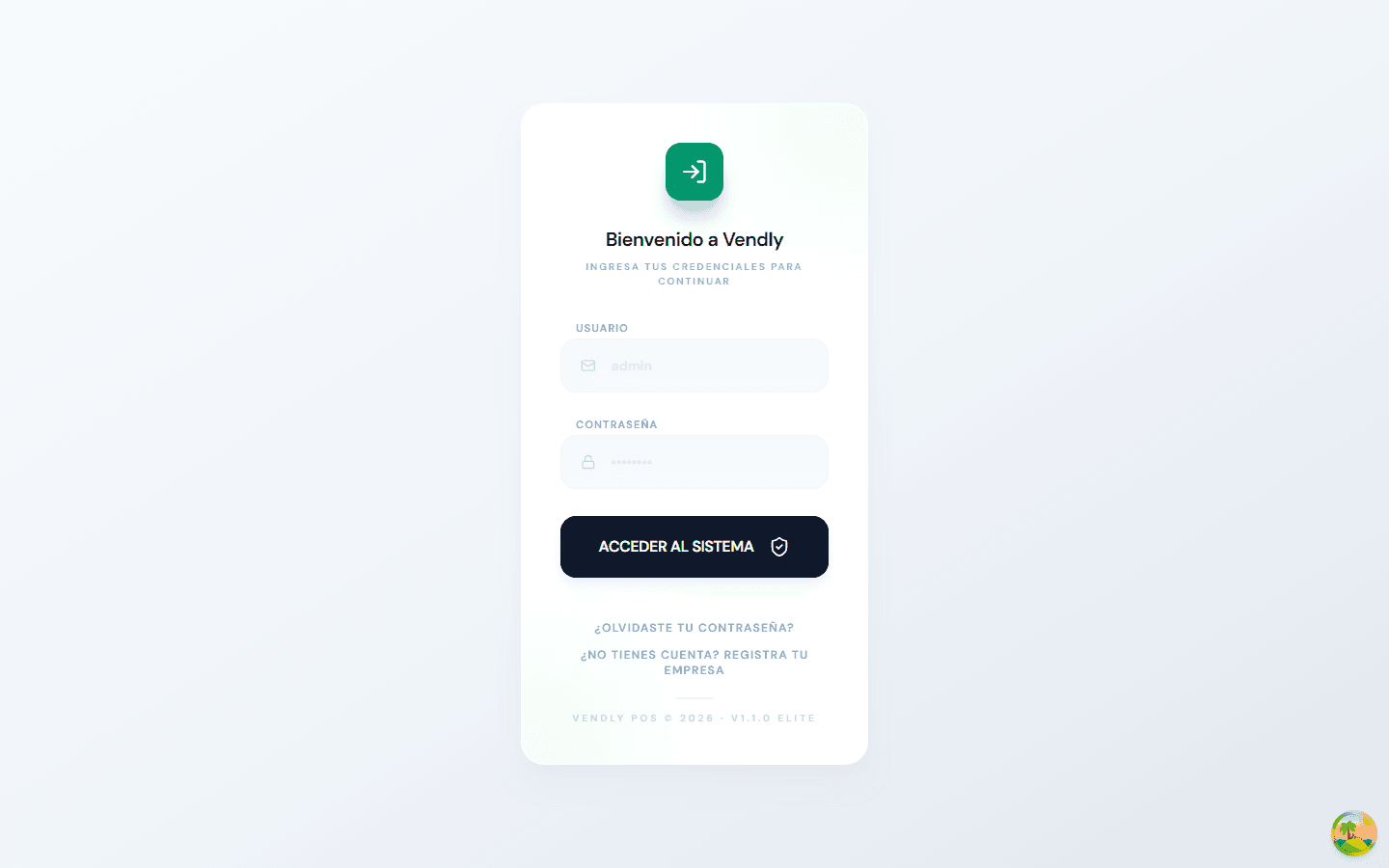 Pantalla de acceso del cliente Vendly POS