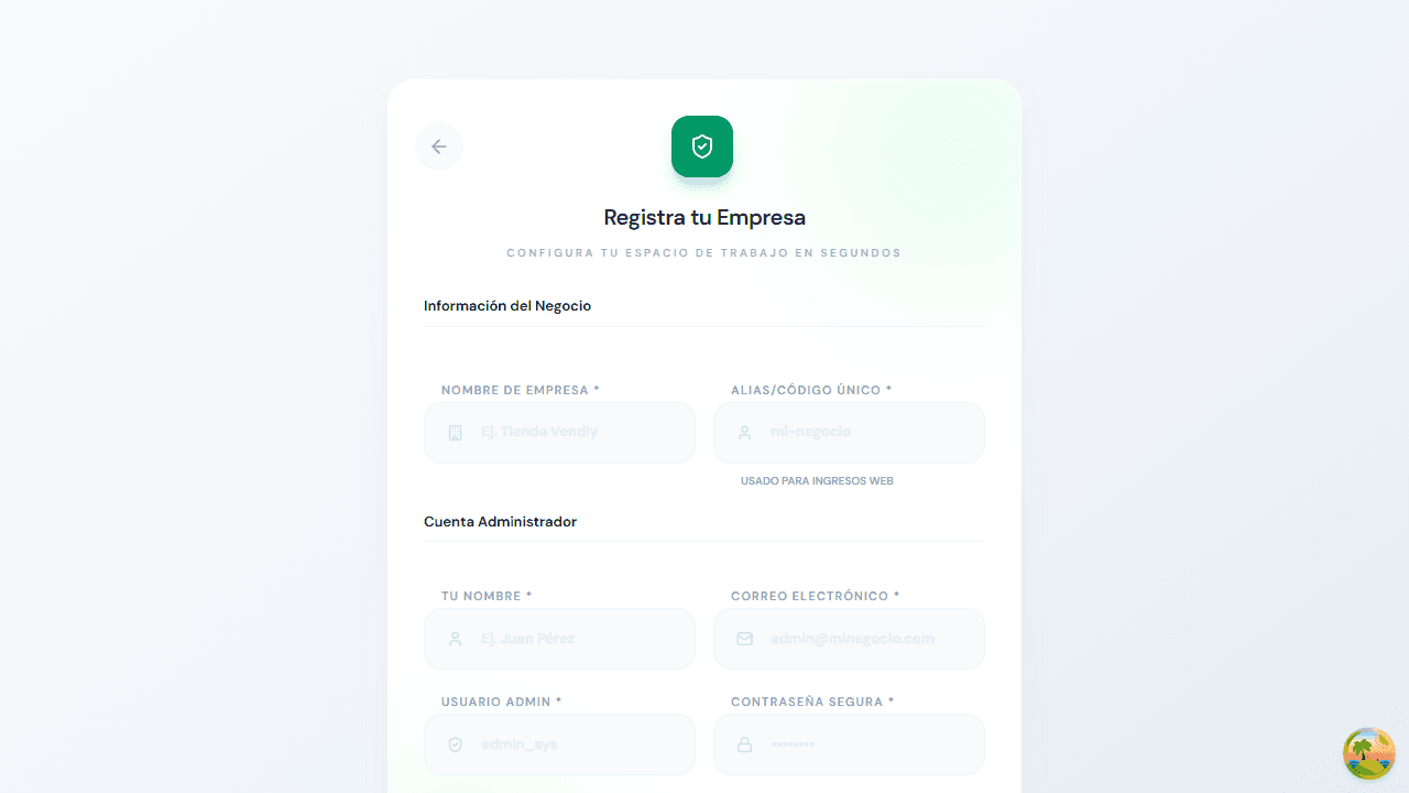 Formulario de registro de empresa en Vendly POS