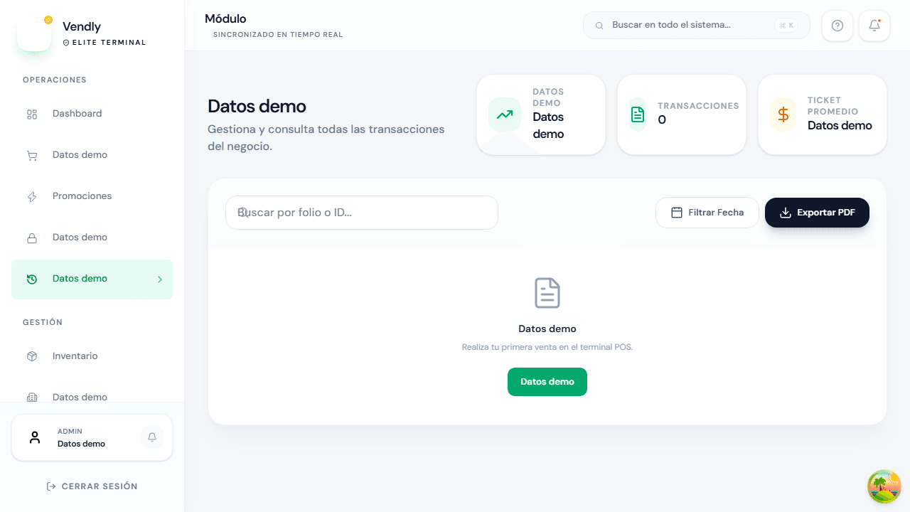 Historial de ventas de Vendly POS con datos demo redactados